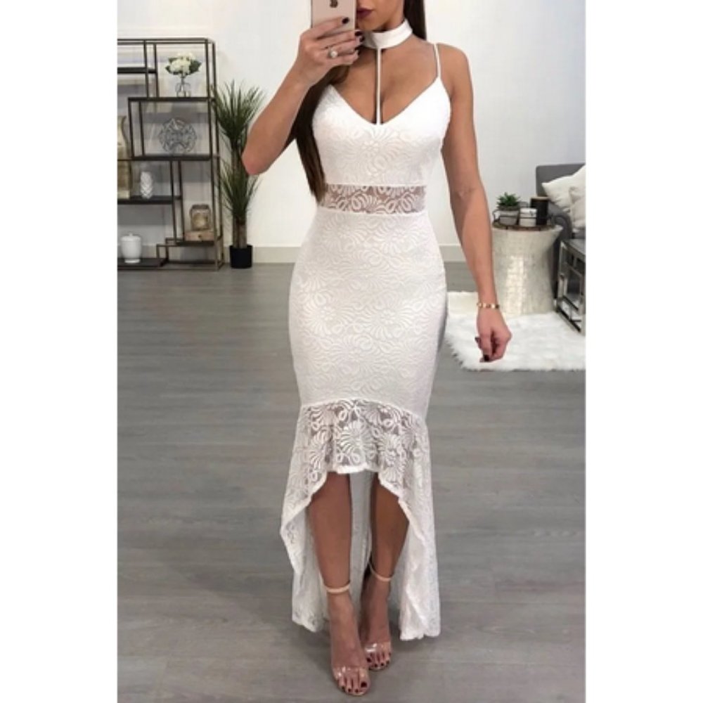 Floral Lace Choker High Low Maxi Dress